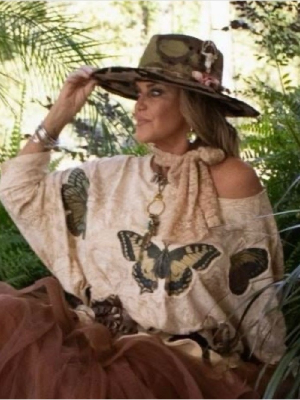 Jaded Gypsy Butterfly Print Beige Boho Top